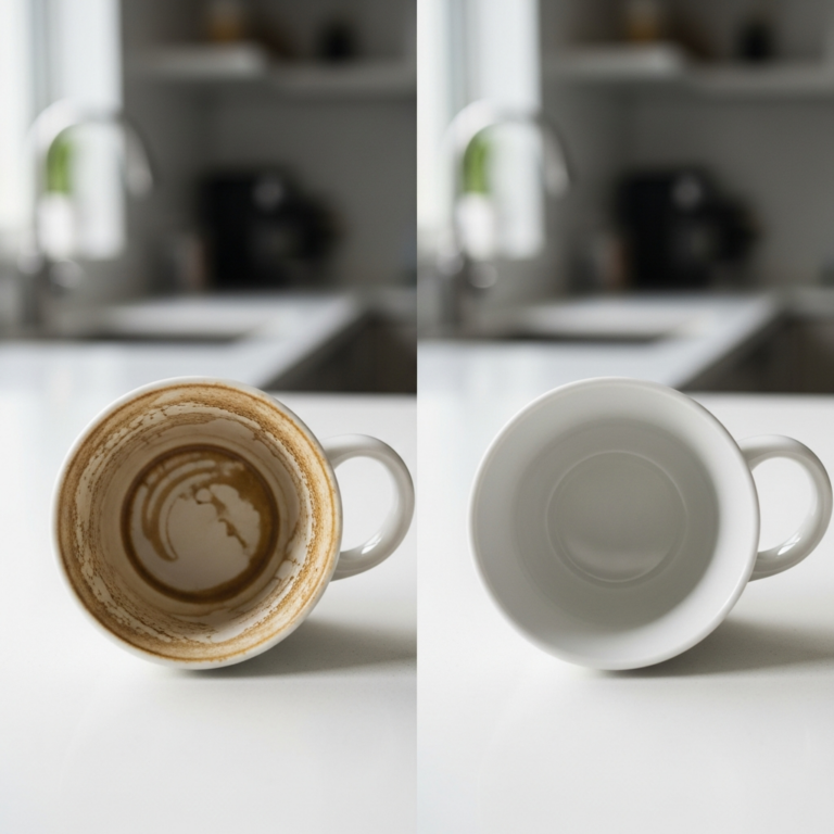 Stained coffee mug next to gleaming clean mug, side by side comparison