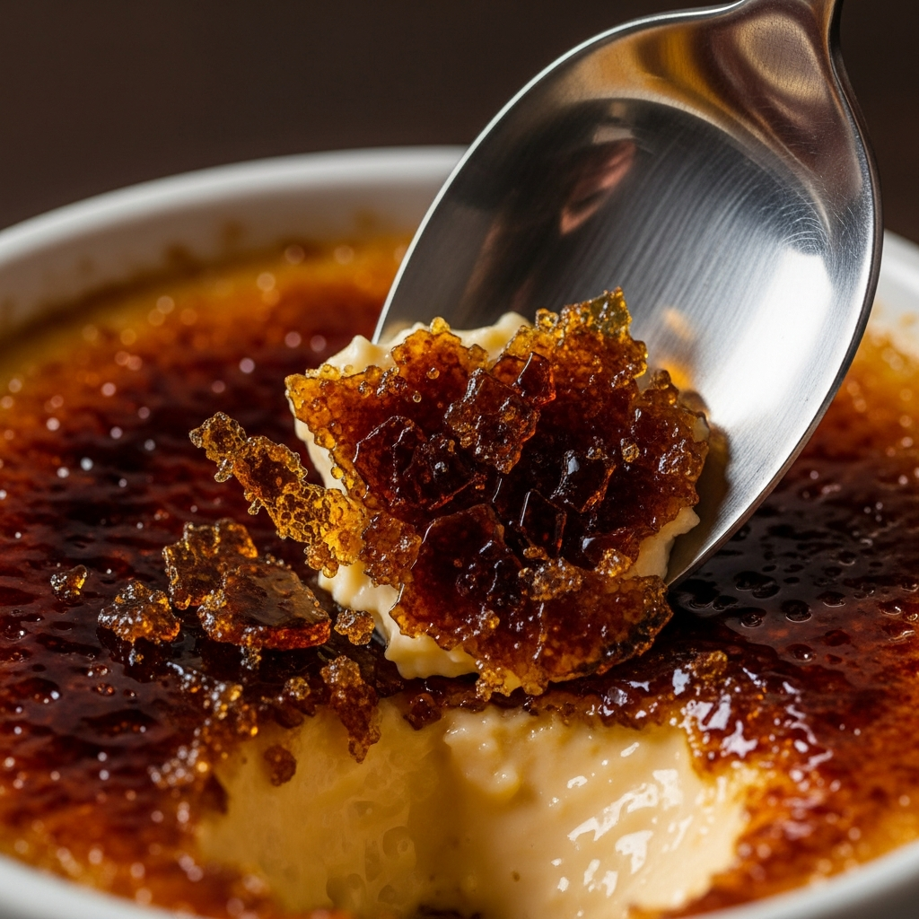 Spoon cracking through creme brulee caramelized sugar crust
