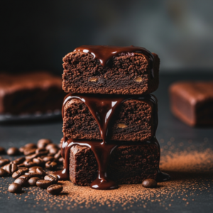 Stack of fudgy mocha brownies with ganache showing fudgy interior