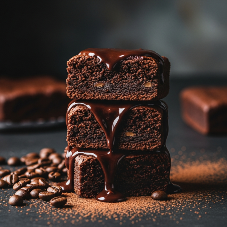 Stack of fudgy mocha brownies with ganache showing fudgy interior