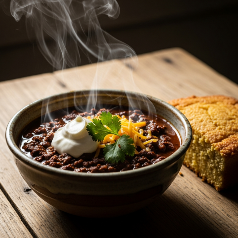 Steaming bowl of coffee chili with sour cream cheese and cilantro