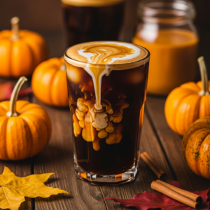 Pumpkin cream cold brew with cream cascading into dark coffee