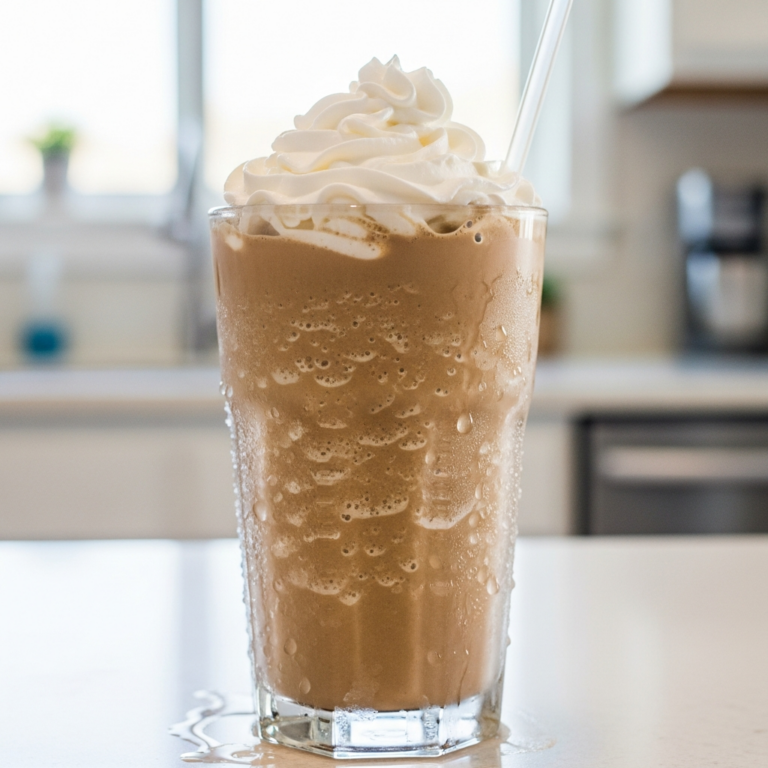 Tall glass of frozen blended coffee with whipped cream and ice crystals