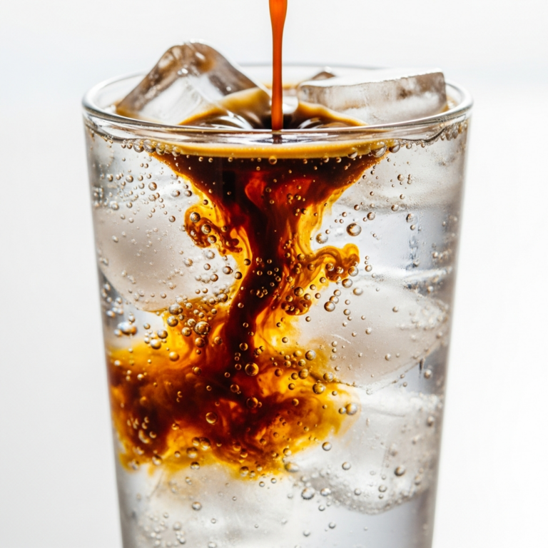 Espresso tonic in tall glass showing cascading espresso and tonic bubbles