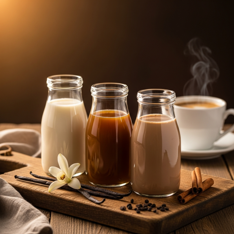 Three bottles of homemade coffee creamer with vanilla caramel and mocha flavors