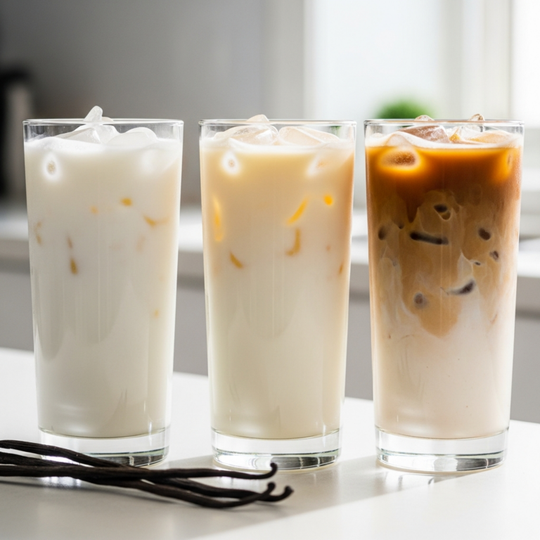 Three iced vanilla lattes side by side showing different milk colors