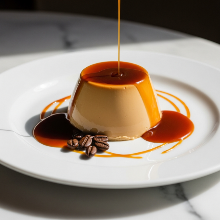 Coffee panna cotta with caramel drizzle on elegant plate