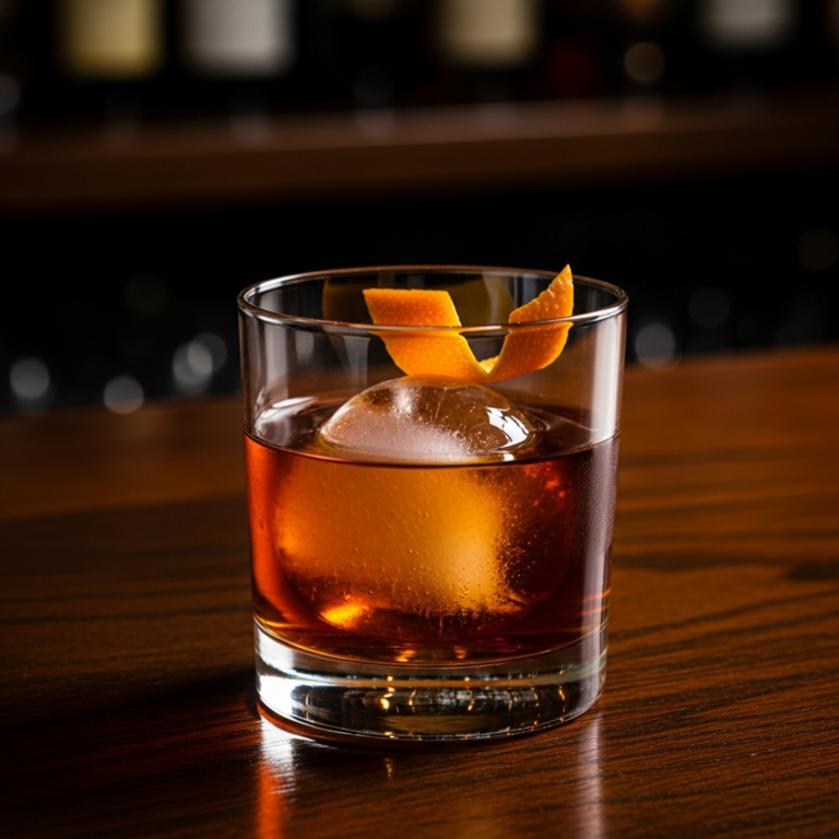 Coffee old fashioned in whiskey glass with orange peel garnish