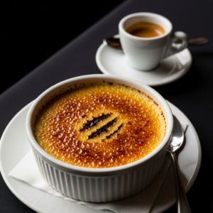 Espresso creme brulee in ramekin with caramelized sugar top