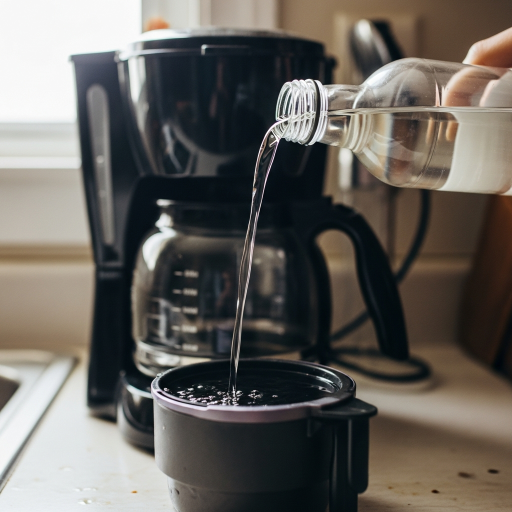 Vinegar being poured into drip coffee maker water reservoir