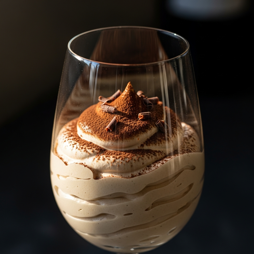 Light coffee mousse in wine glass with cocoa powder dusting