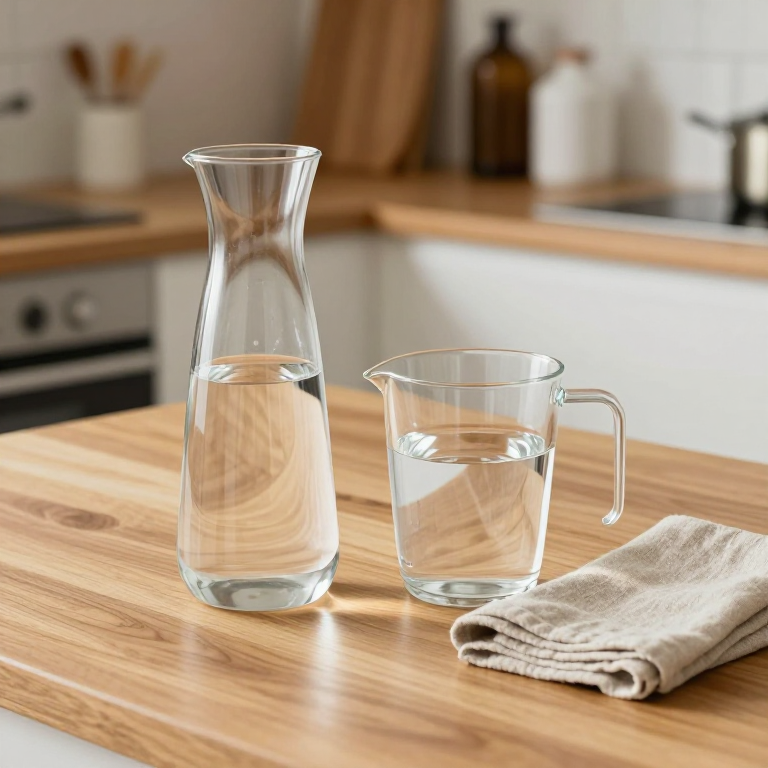 Clear carafe and measuring cup of fresh water with a folded cloth; generic rinse preparation scene.
