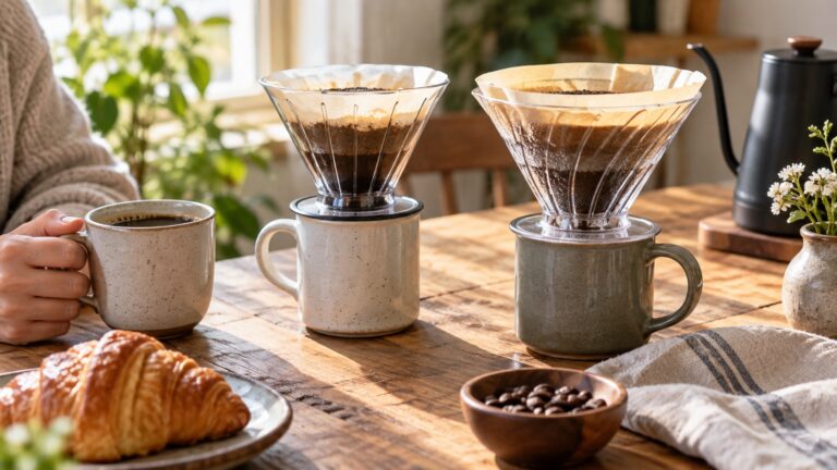 Generic illustration of two filtered coffee drippers on a wooden table; not photographs of the actual Hario V60 Switch or Clever Dripper.