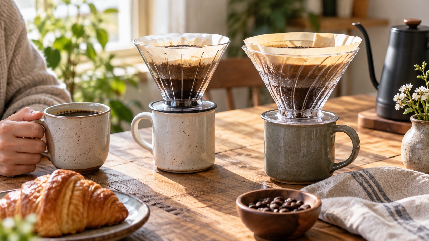 Generic illustration of two filtered coffee drippers on a wooden table; not photographs of the actual Hario V60 Switch or Clever Dripper.