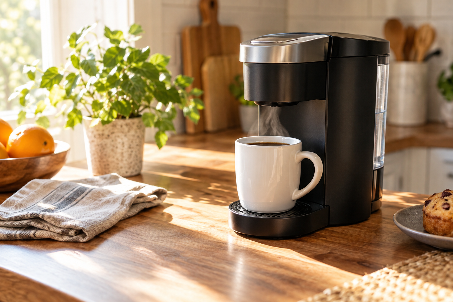Generic compact single-serve brewer and coffee mug on a sunlit counter; illustrative image, not the Keurig K-Mini.