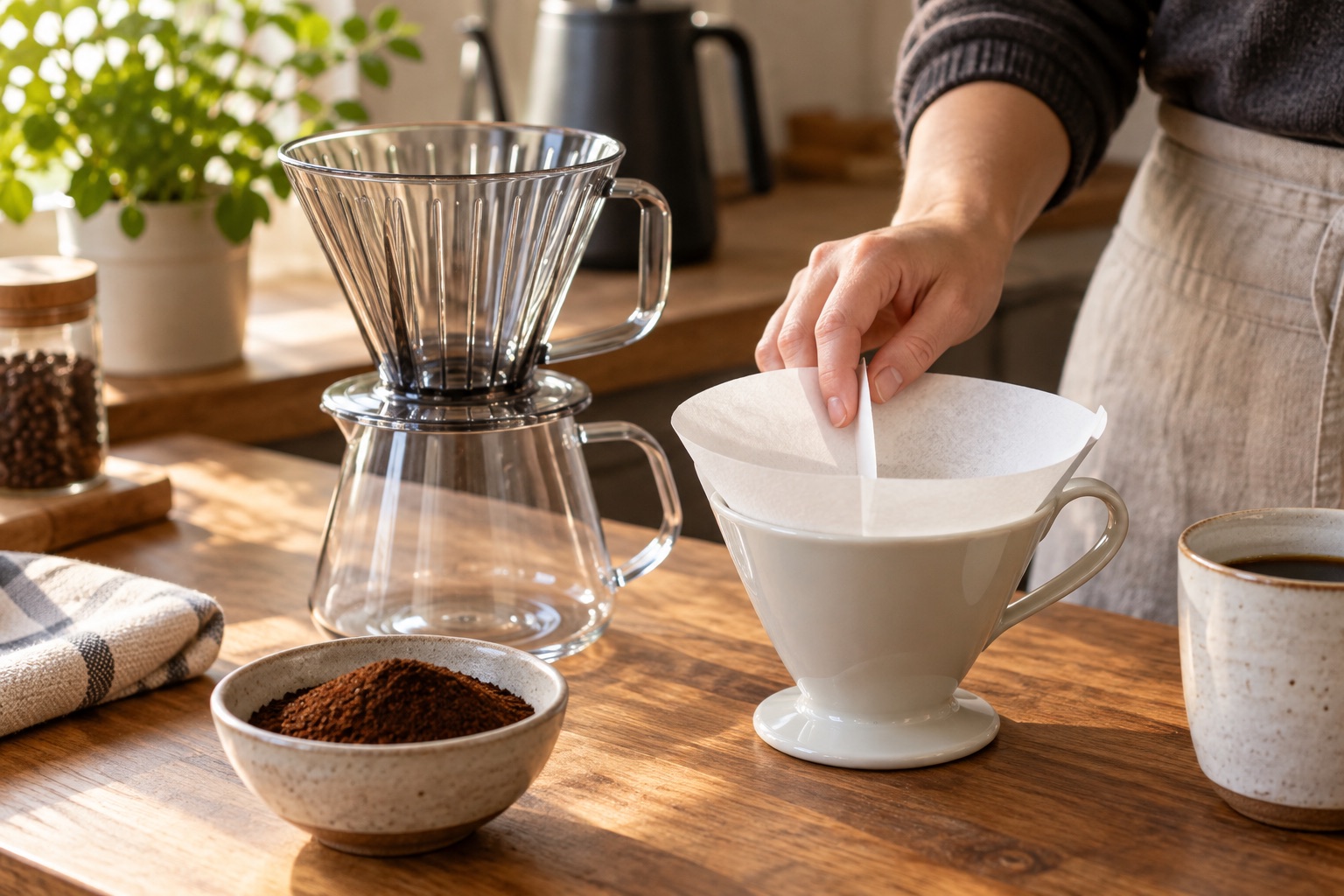 Generic paper-filter preparation scene; not a photograph of a specific dripper model.