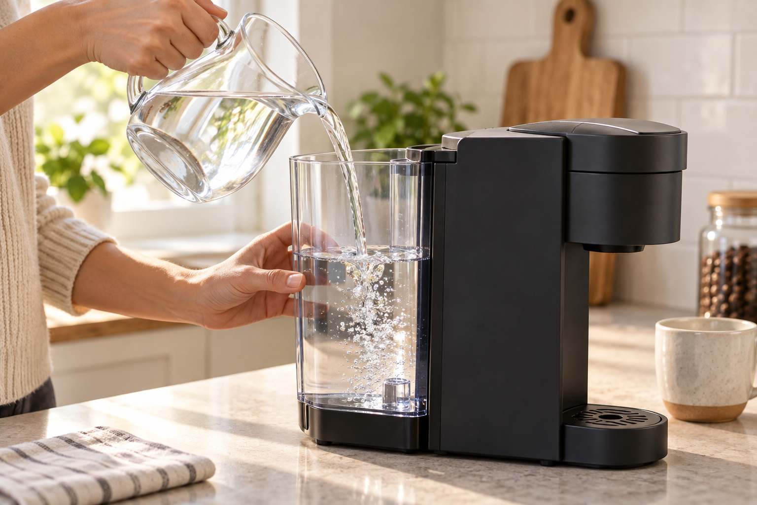 Clear water poured into a generic single-serve brewer reservoir; not a K-Mini fill-line demonstration.