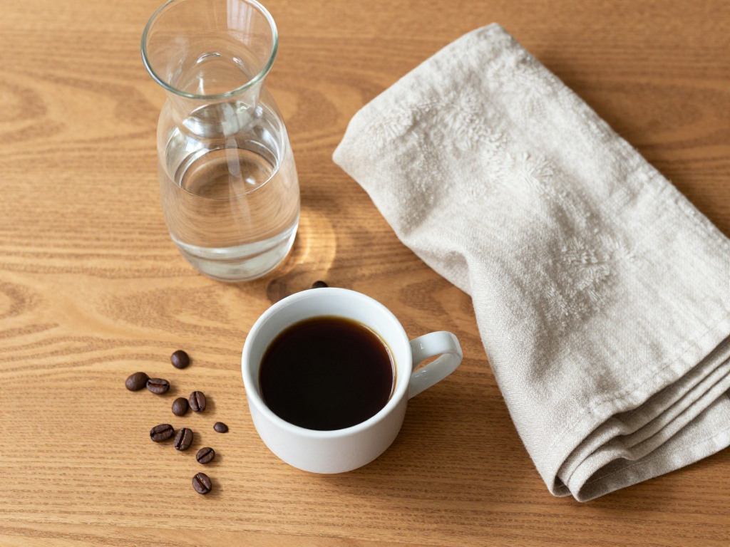 Coffee cup, fresh water carafe, and folded cloth on a kitchen counter; illustrative scene, not an Essenza Mini product photo.