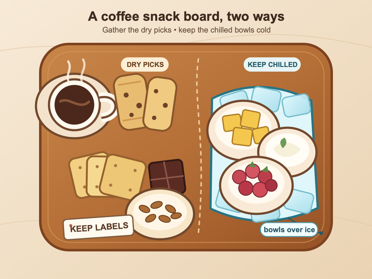 Illustrated coffee snack board with coffee, biscotti, crackers, chocolate and nuts beside bowls of cheese, yogurt dip and berries set over ice.