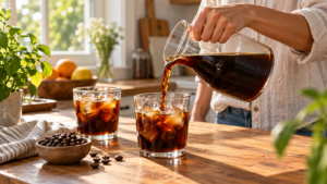 Iced coffee being poured from an unbranded carafe; illustrative, not an OXO product photo.