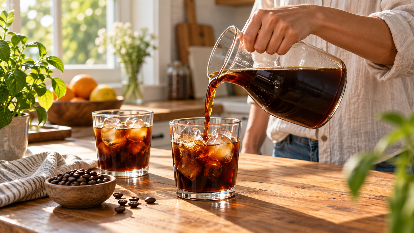 Iced coffee being poured from an unbranded carafe; illustrative, not an OXO product photo.