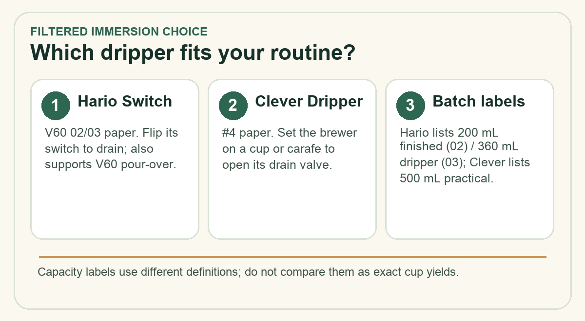 Decision chart comparing Hario V60 Switch (V60 02/03 paper, flip switch to drain) vs Clever Dripper (#4 paper, set on cup to release). Capacity labels use different definitions — see article for context.