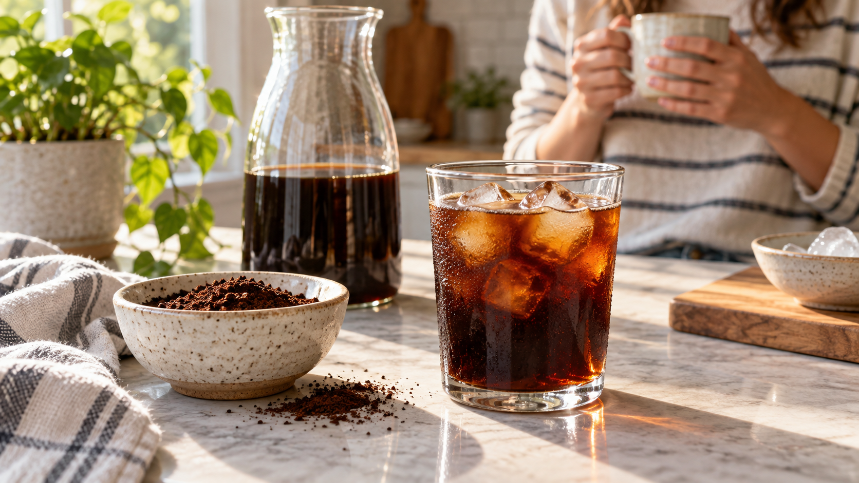 Coarse coffee grounds and an iced coffee serving on a sunny counter.