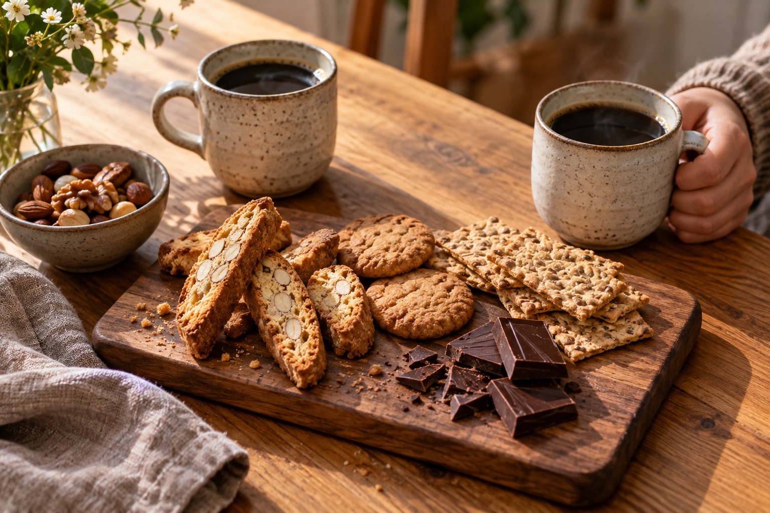 Two mugs of coffee beside a wooden board of biscotti, cookies, crackers, chocolate and a bowl of nuts.