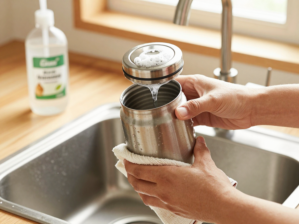 Hands rinsing a generic stainless insulated coffee vessel and lid at a home kitchen sink.