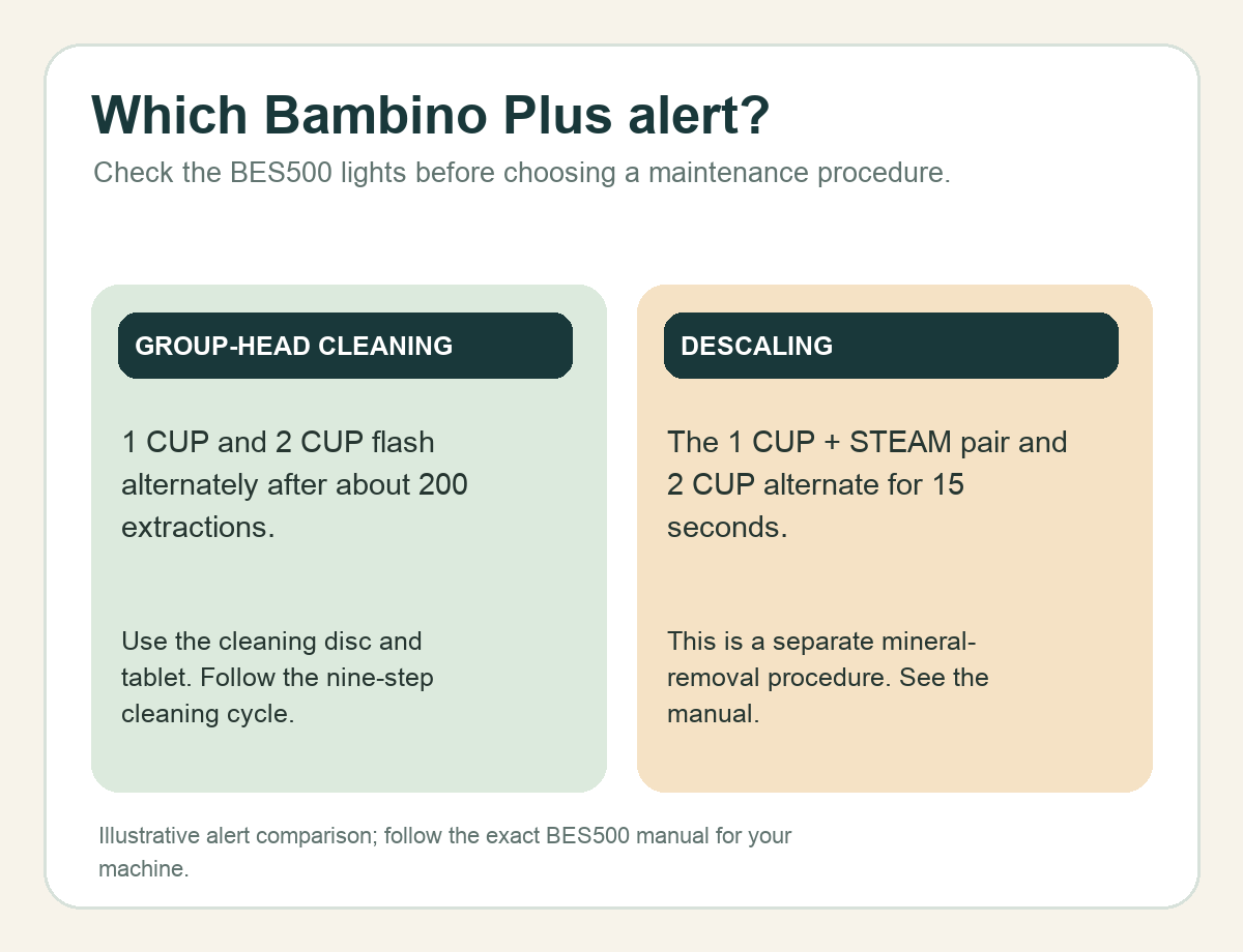 BES500 alert comparison showing cleaning-cycle and descaling light patterns.