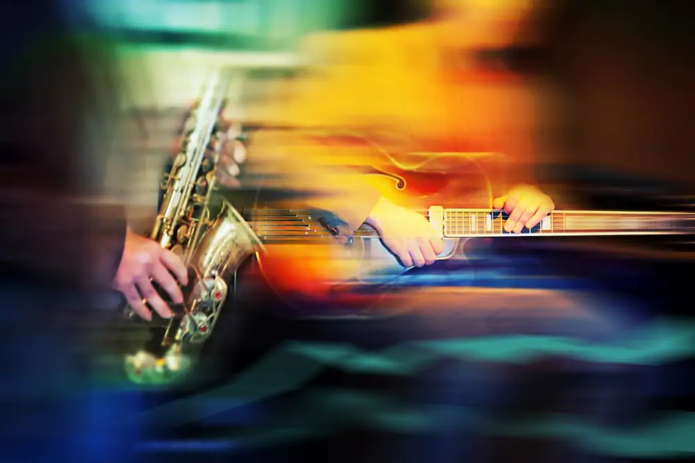 Coffee shop music, saxophone and guitarist.